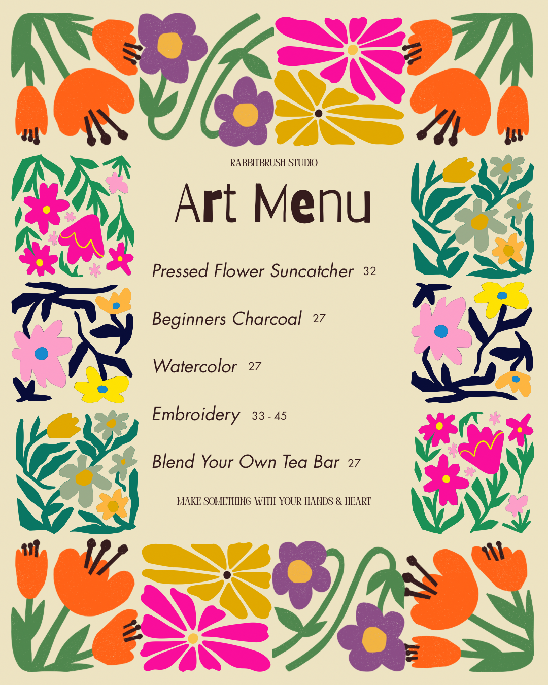 Rabbitbrush Studio Art Menu featuring pressed flower suncatchers, charcoal, watercolor, embroidery, and blend your own tea bar