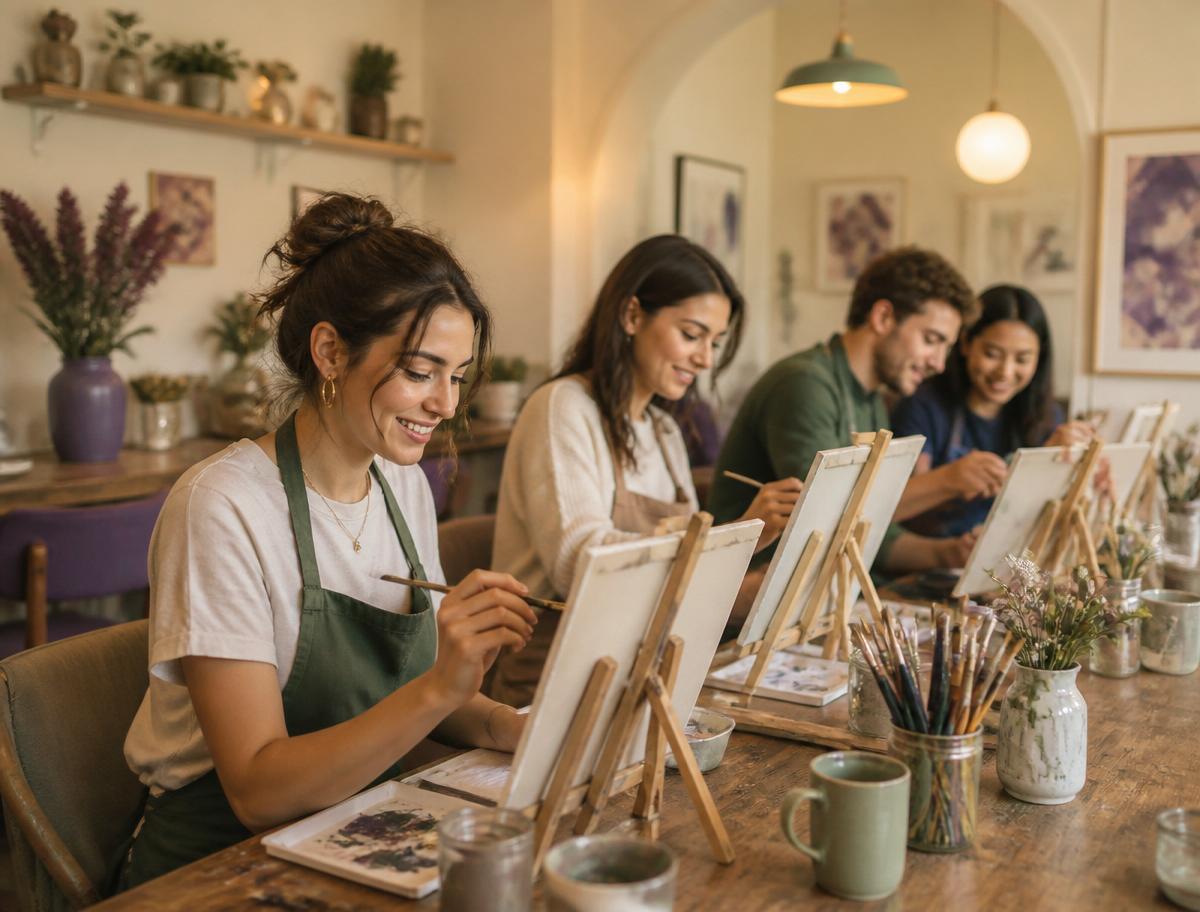 A group enjoying a painting class at Rabbitbrush Studio