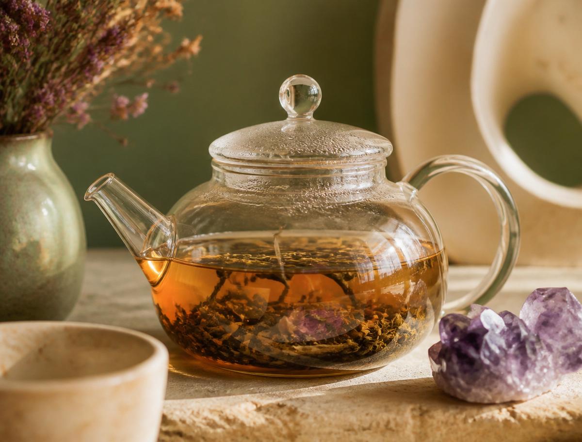 A glass teapot of loose-leaf tea with sage and purple accents in the Rabbitbrush Studio teahouse